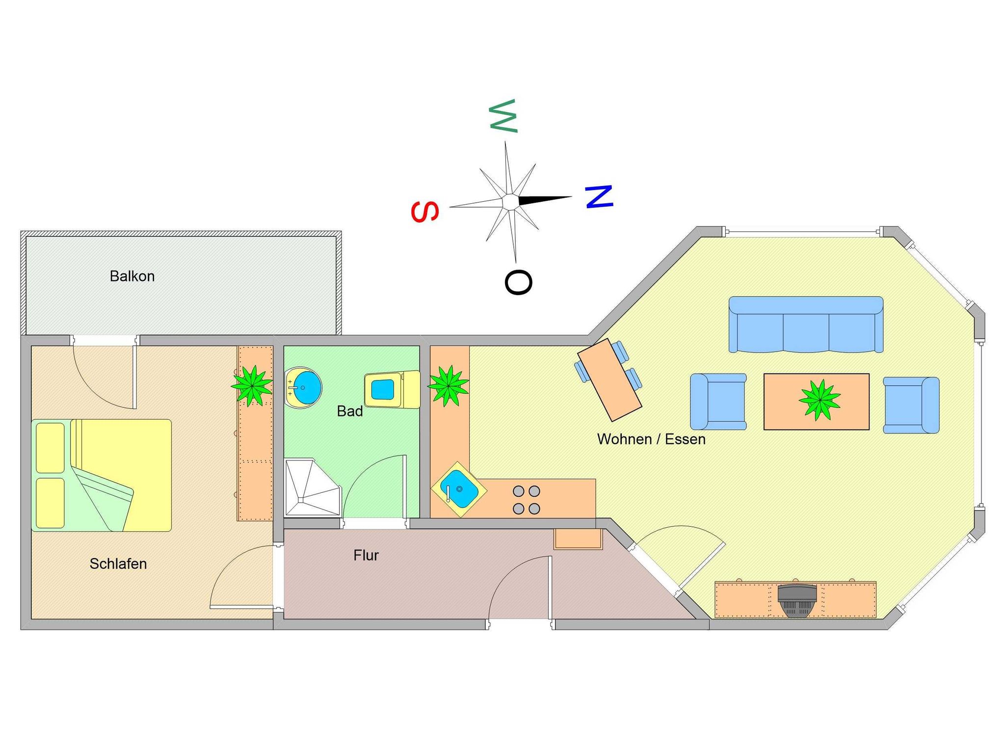 Wohnraum mit Couchecke, Essbereich und Gaskamin
