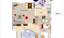 Wohnzimmer mit offener Küche und Zugang zum Balkon