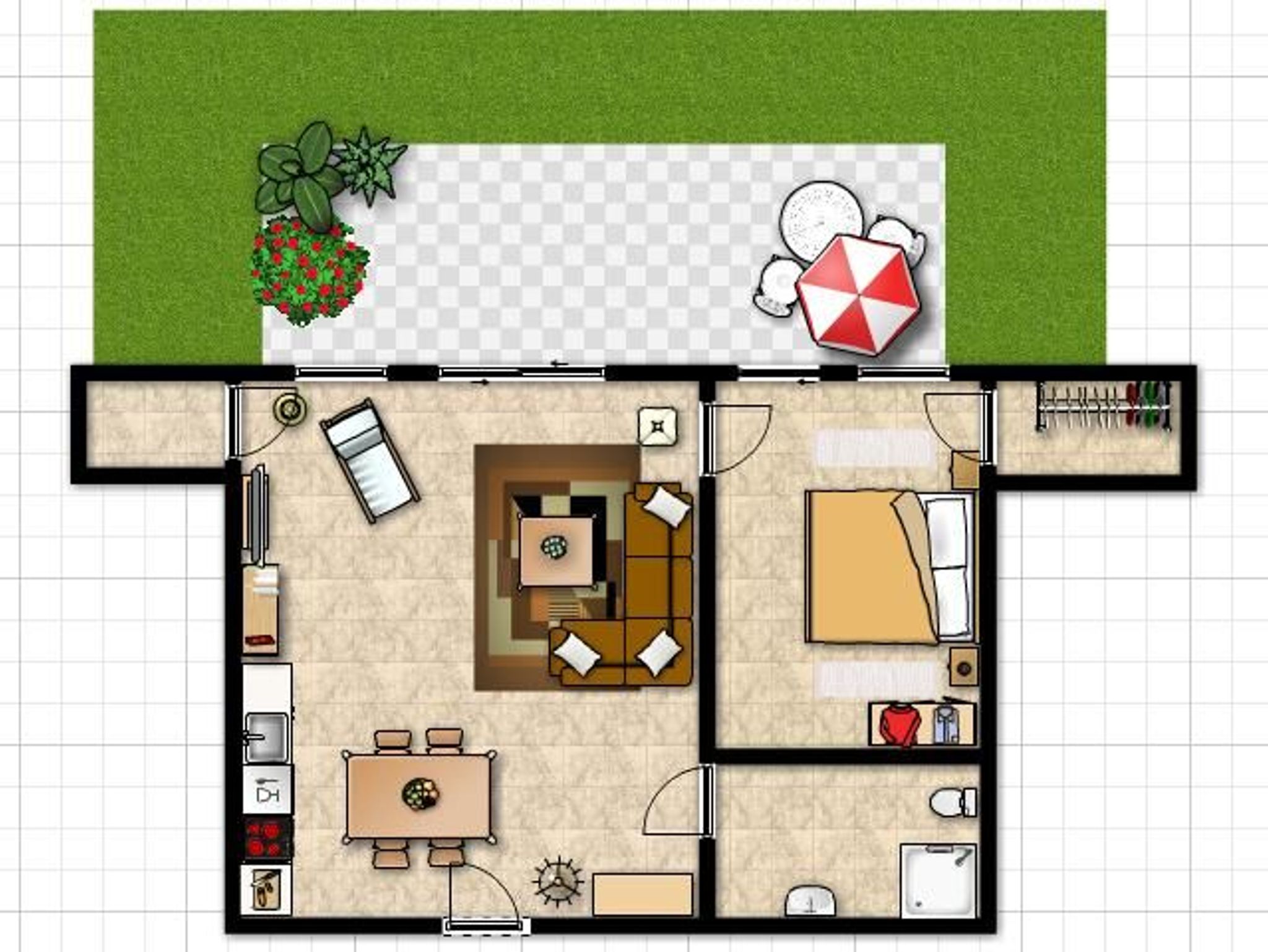 Schlafzimmer 1 mit Doppelbett und Zugang zur Terrasse im EG