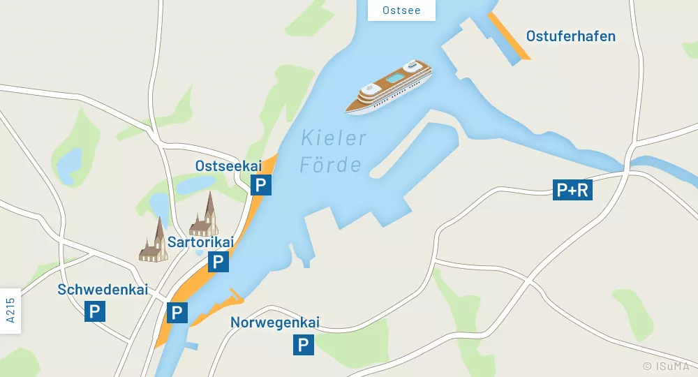 Karte Liegeplätze Kreuzfahrtschiffe in Kiel