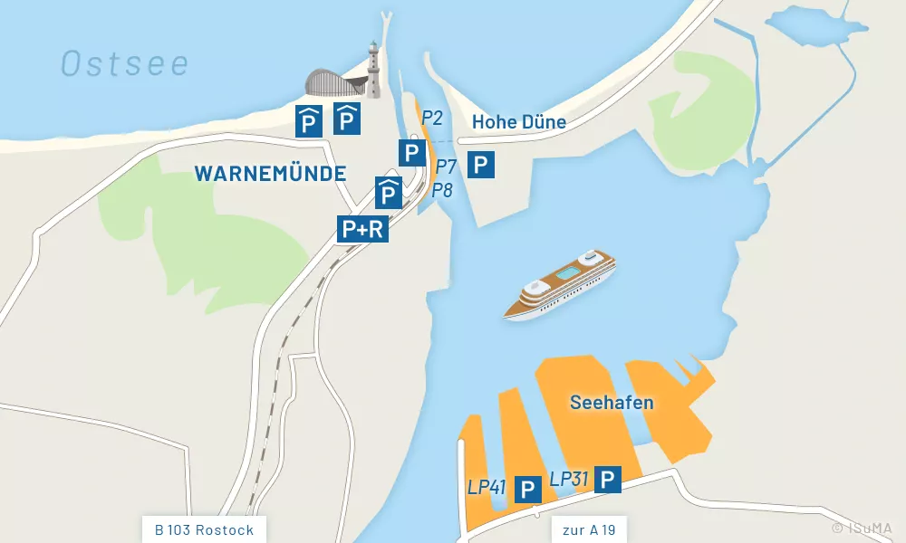Karte Liegeplätze Kreuzfahrtschiffe in Warnemünde