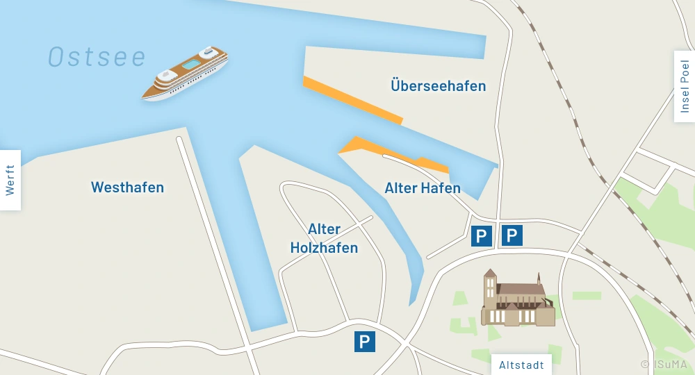 Karte Liegeplätze Kreuzfahrtschiffe in Wismar